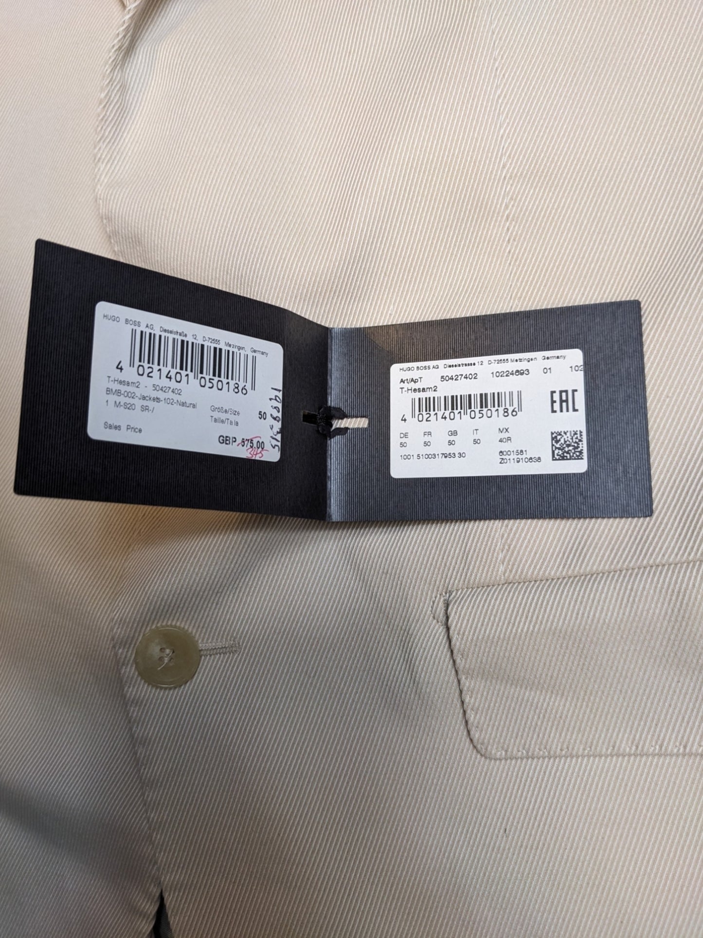 Chaqueta de esmoquin Hugo Boss de 50 cm de pecho