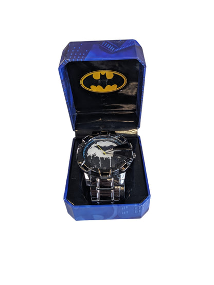 Accutime Batman Watch Bat Logo Over Gotham Metal Bracelet