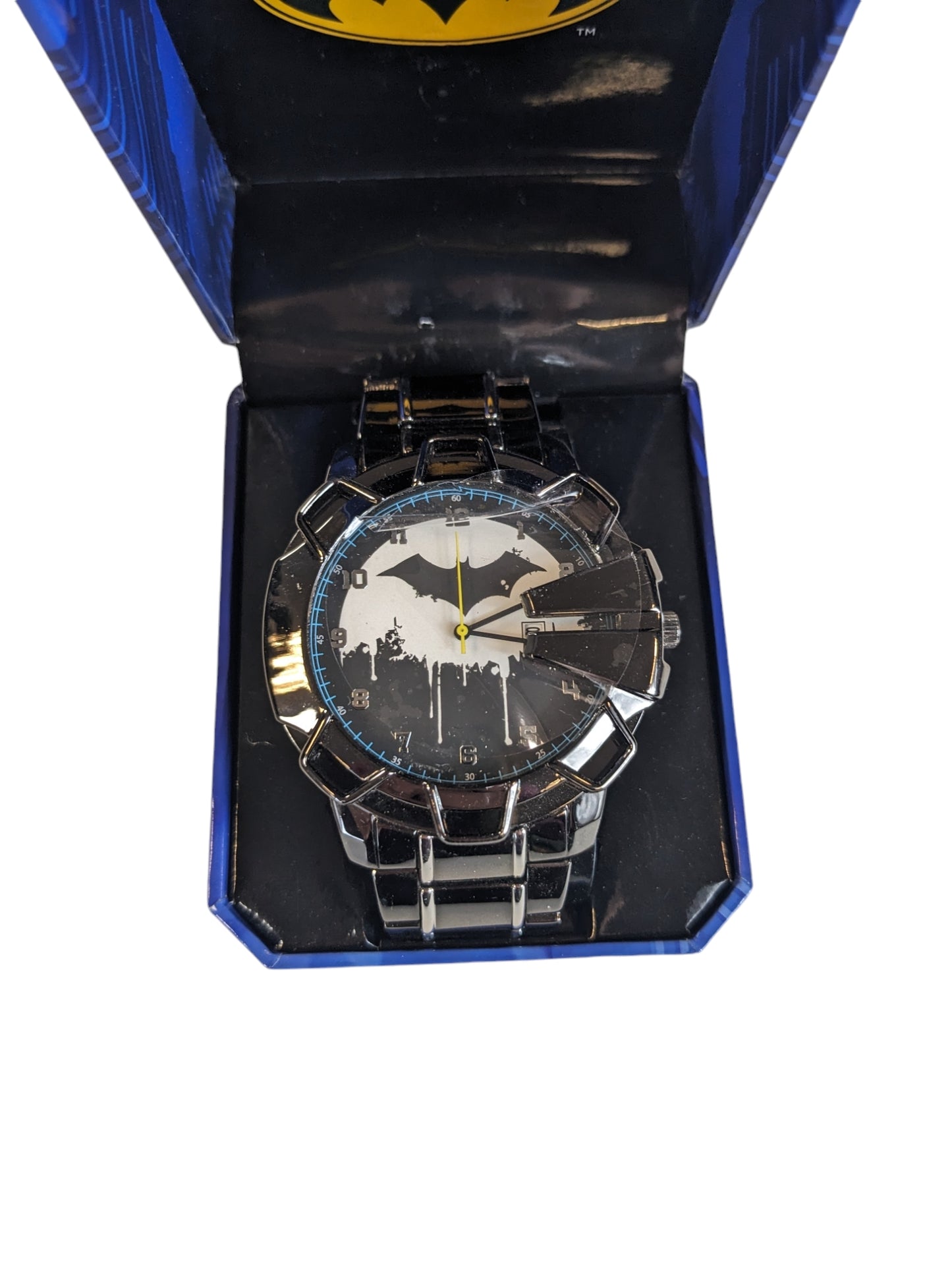 Accutime Batman Watch Bat Logo Over Gotham Metal Bracelet