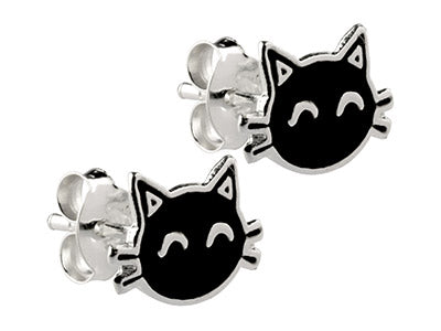 Sterling Silver Cat Enamel Stud Earrings
