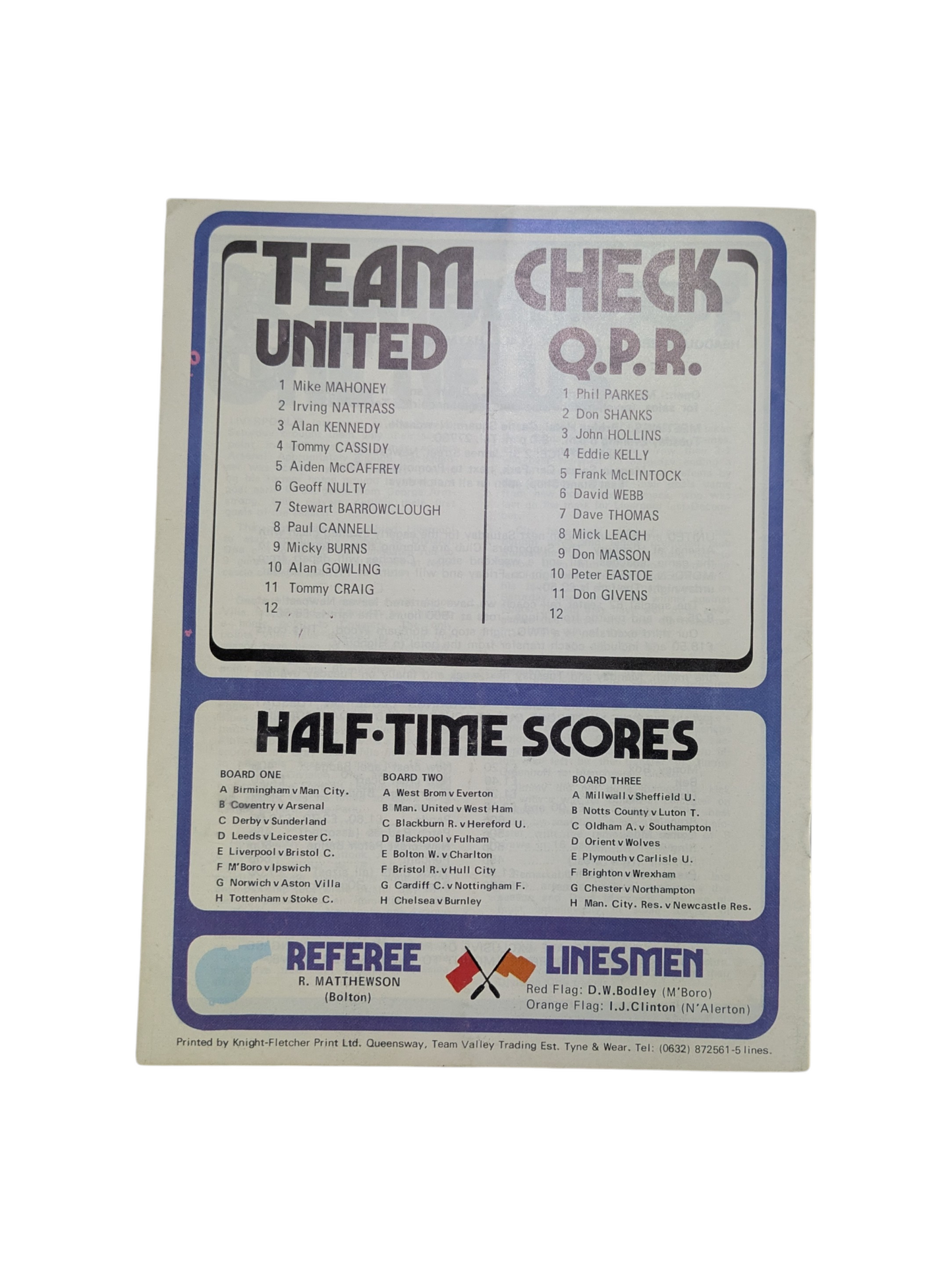 Newcastle v QPR Football Programme 1976